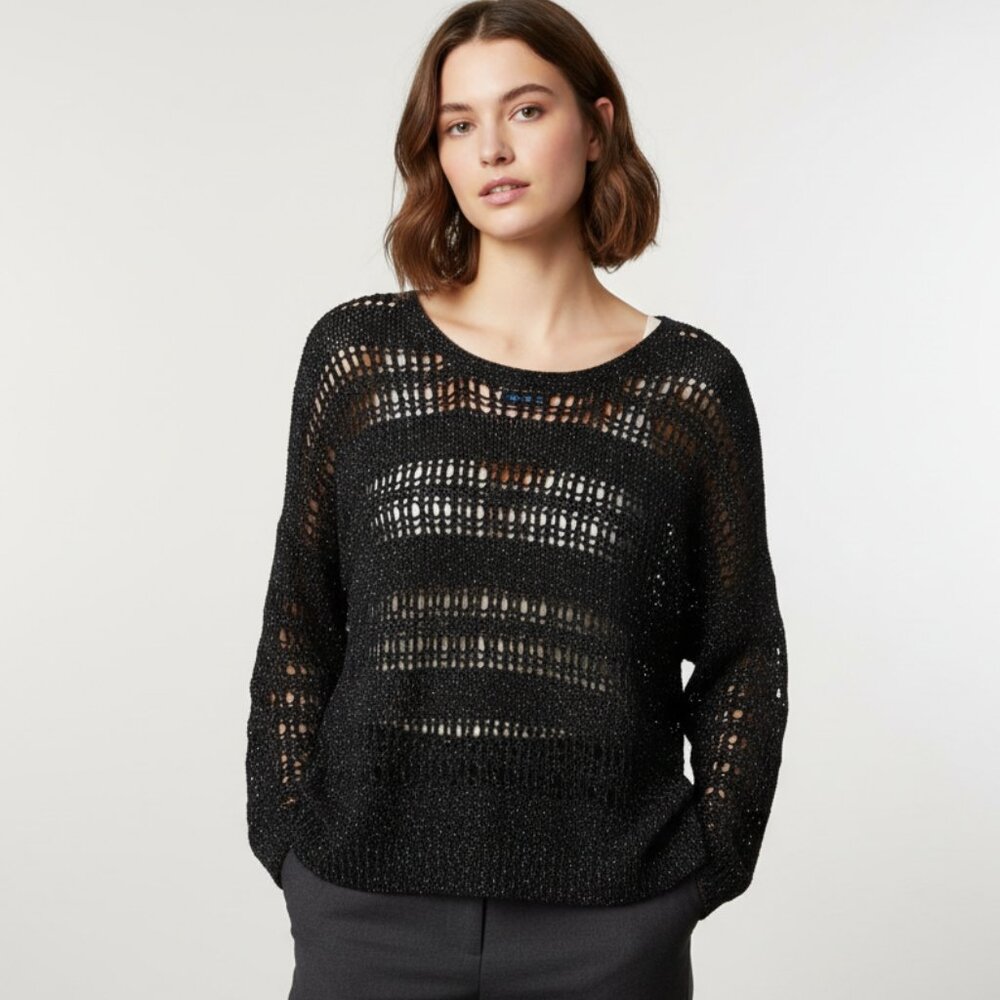 Express S Black Silver Metallic Shimmer Loose Knit Sweater Festive Glam Edgy
